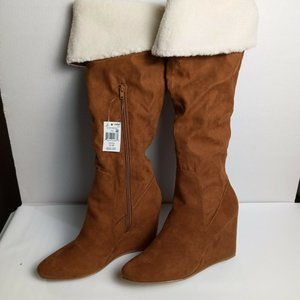 Size 10 Medium Massini Suede Tall Boots Ellie Wedge Chestnut Brown
